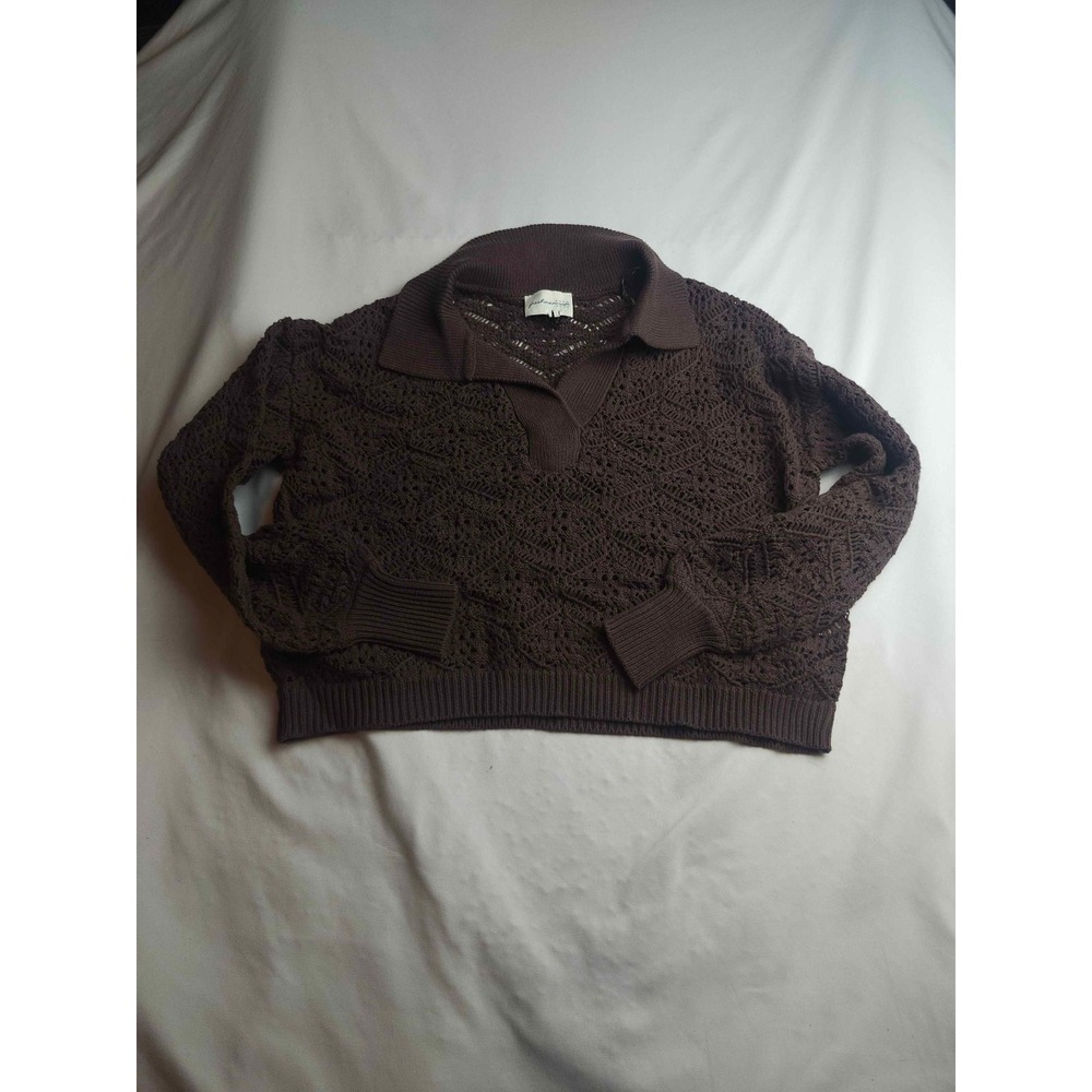 Freshman 1996 Sweater Women Brown Crochet Knit Long Sleeve Johnny Collar Top - M
